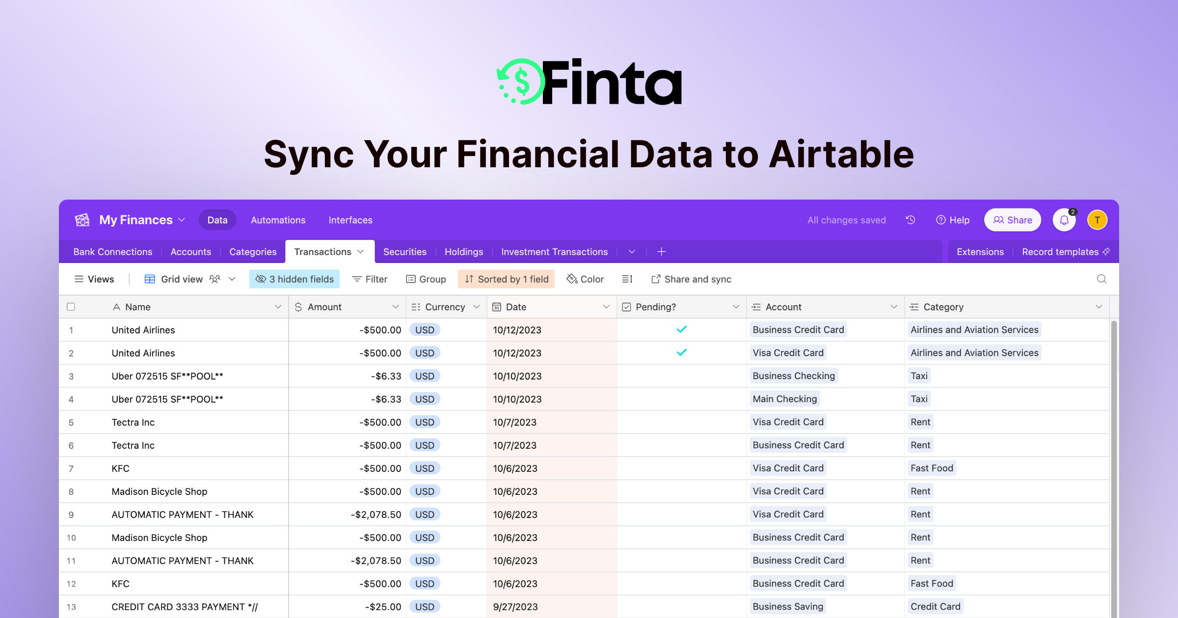 Airtable Financial Data Sync - Automate Banking & Investment Integration |  Finta | Finta