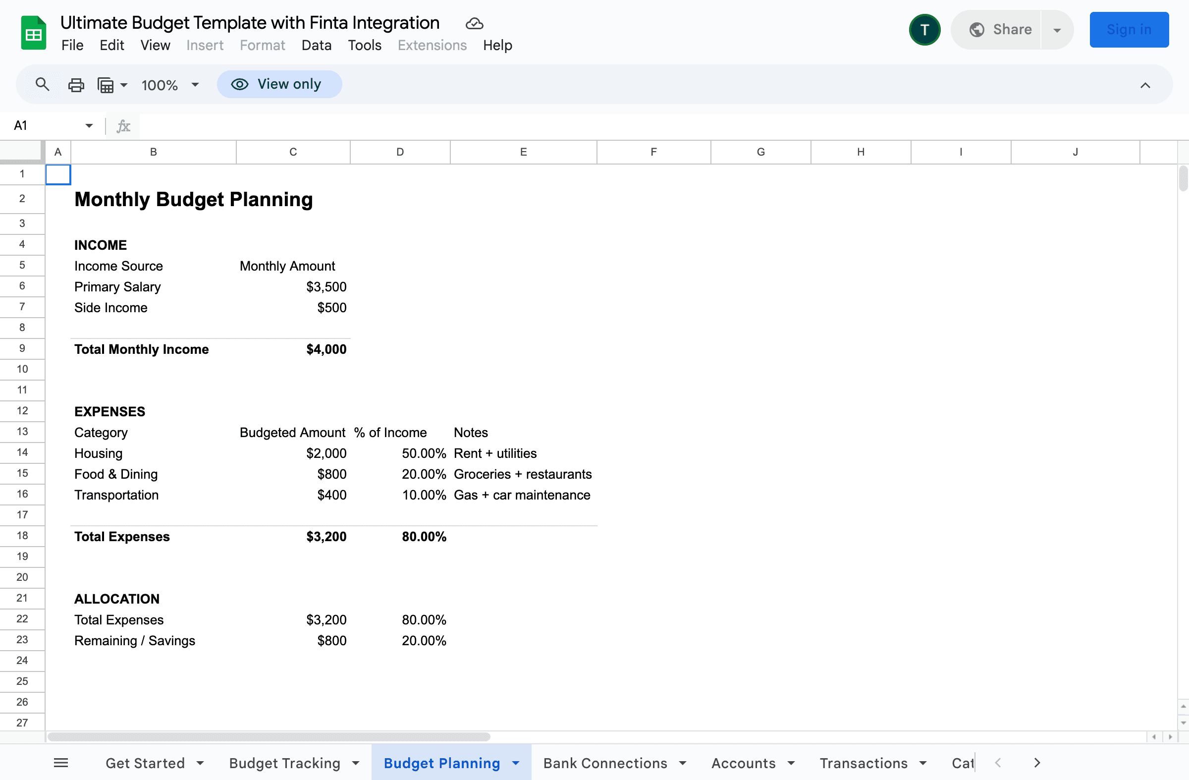 Google Sheets Budget Template - Budget Planning sheet showing income sources, expense categories with budget allocations, and percentage of income calculations