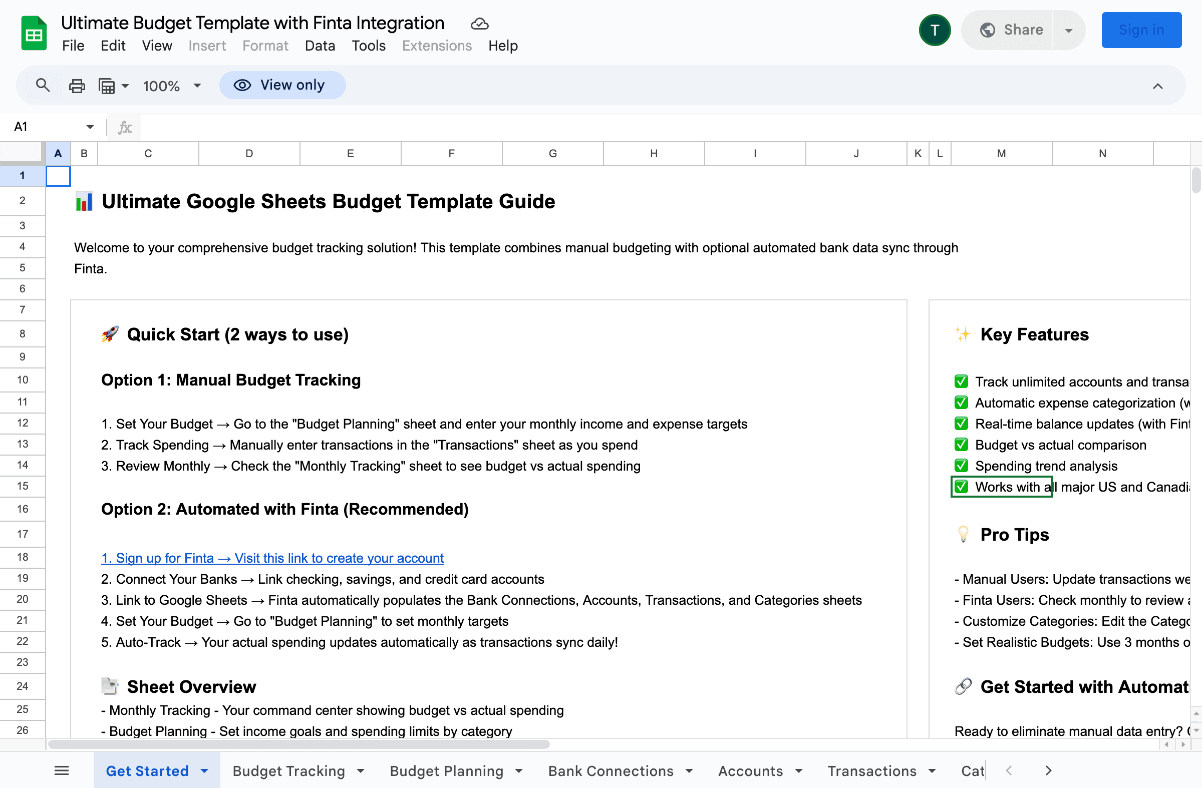 Google Sheets Budget Template - Get Started Guide showing quick start instructions, key features, and setup options for both manual and automated budget tracking with Finta integration
