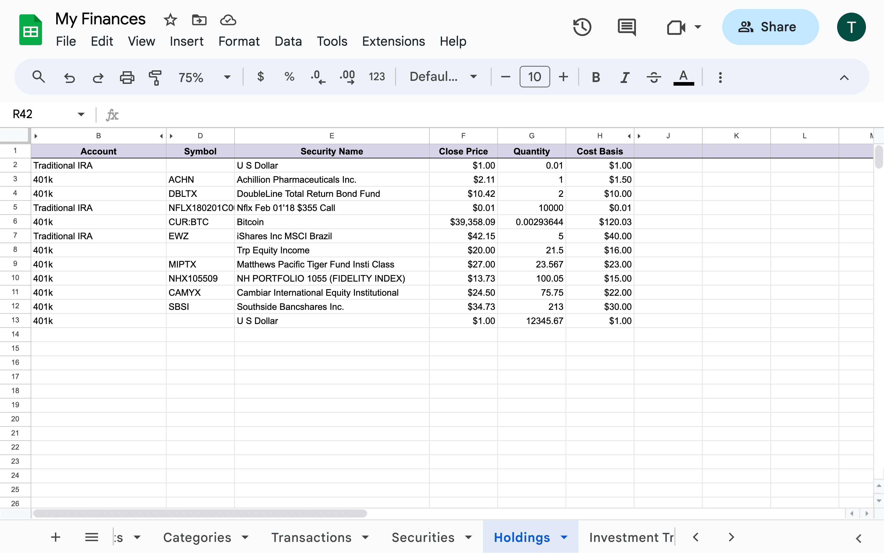 Screenshot of holdings in Google Sheets