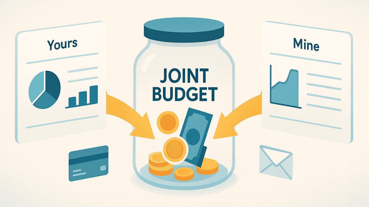 Isometric paper-cut illustration. two dashboards labeled “Yours” and “Mine” send gold arrows into a central transparent “Joint Budget” jar with coins and a bill, plus small credit-card and envelope icons.