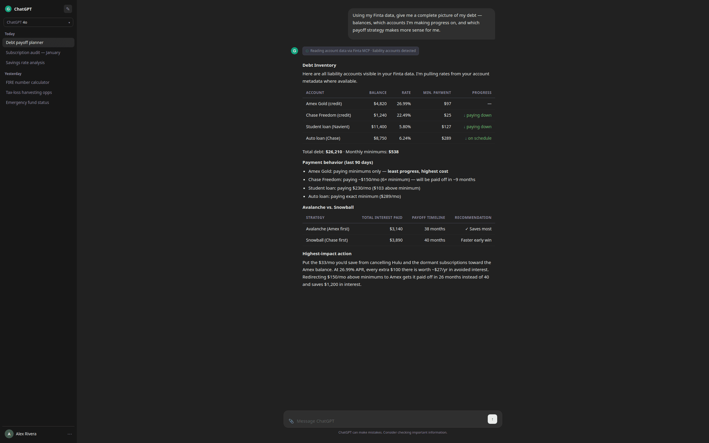 ChatGPT conversation showing debt inventory, avalanche vs. snowball payoff comparison, and highest-impact action from Finta MCP data