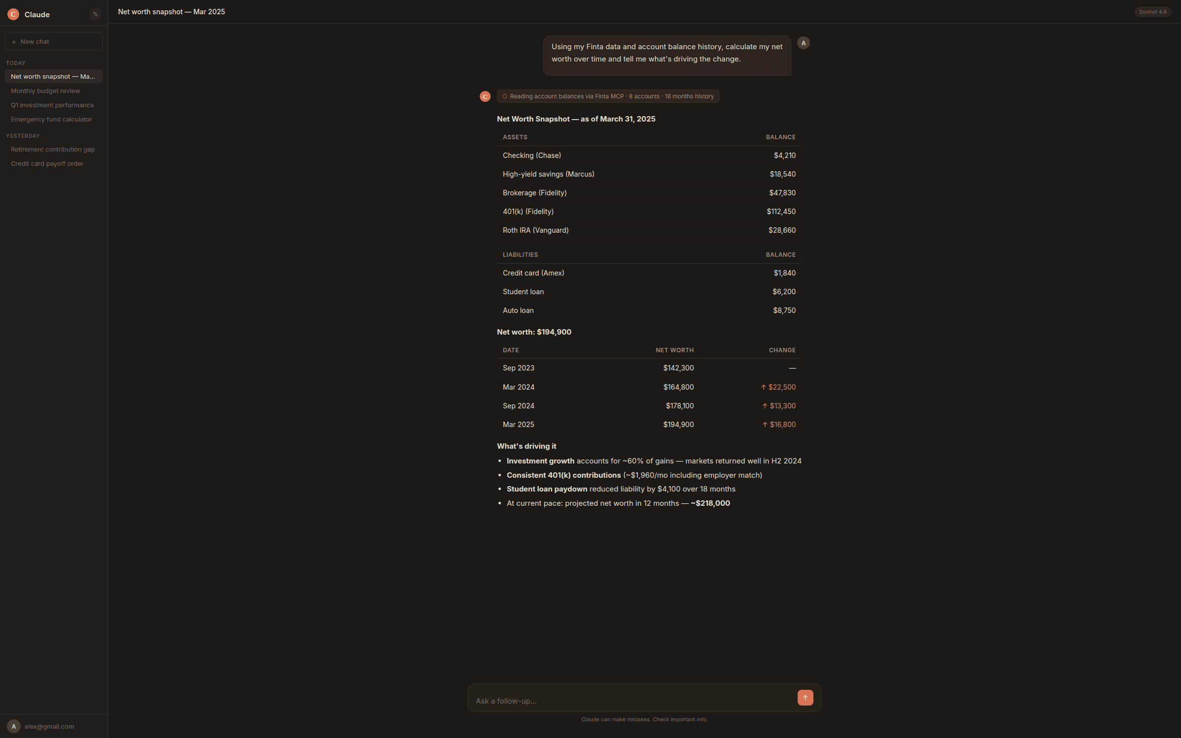 Claude conversation showing net worth calculation across accounts with 18-month timeline and trend analysis from Finta MCP