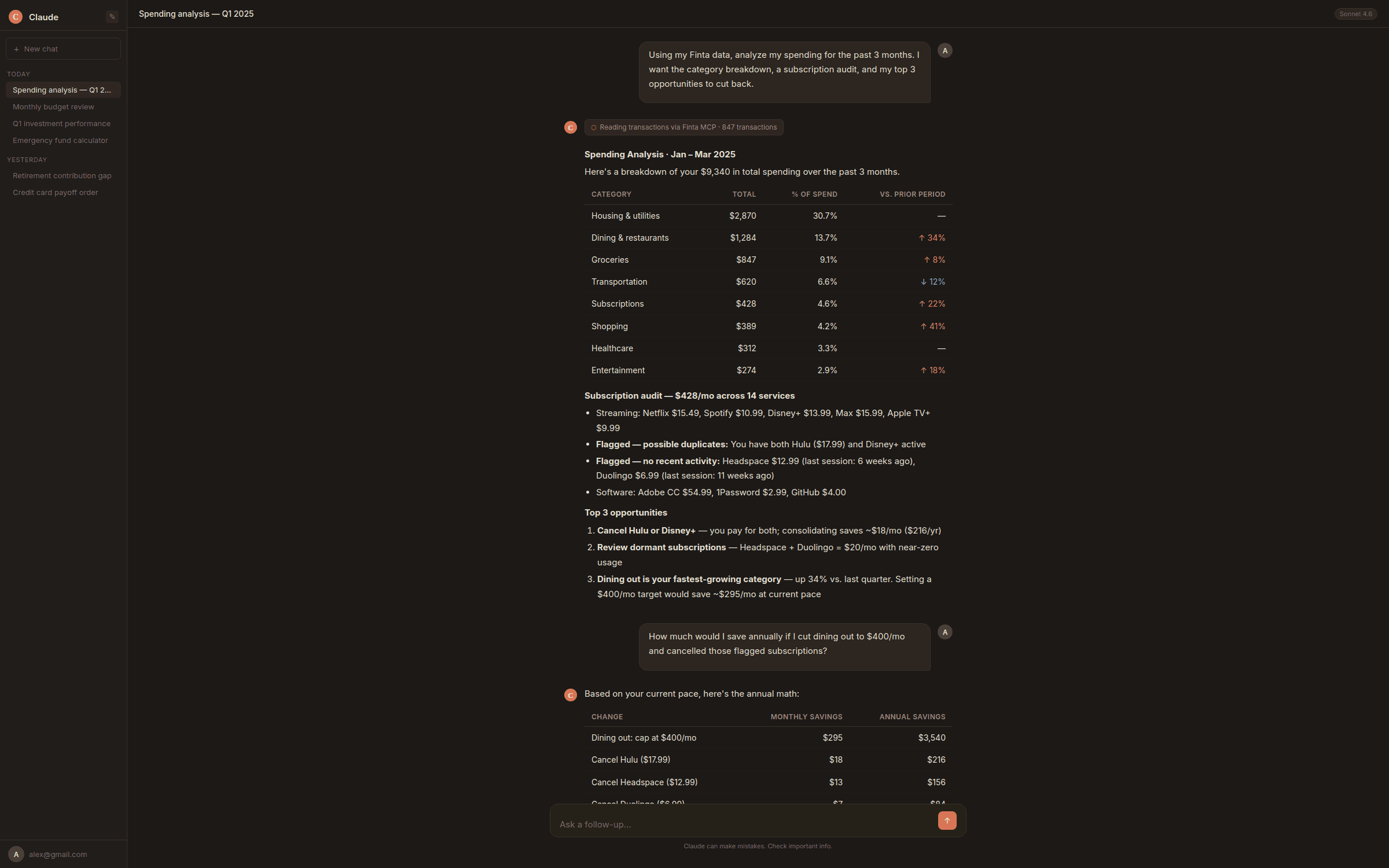 Claude conversation showing spending category breakdown, subscription audit, and savings opportunities from Finta MCP data