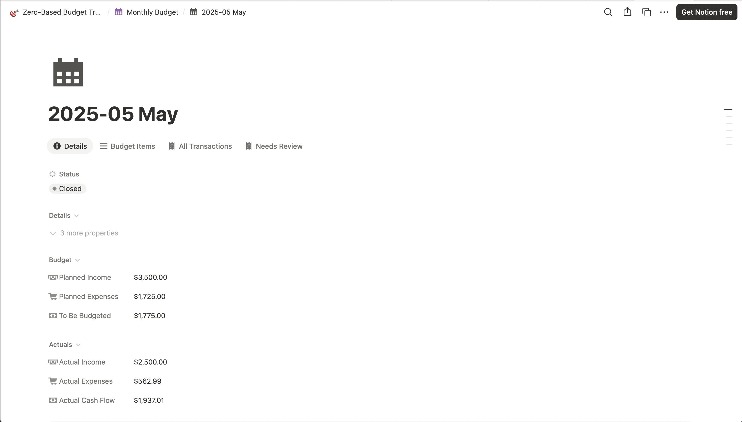 Screenshot of monthly envelope dashboard in Notion