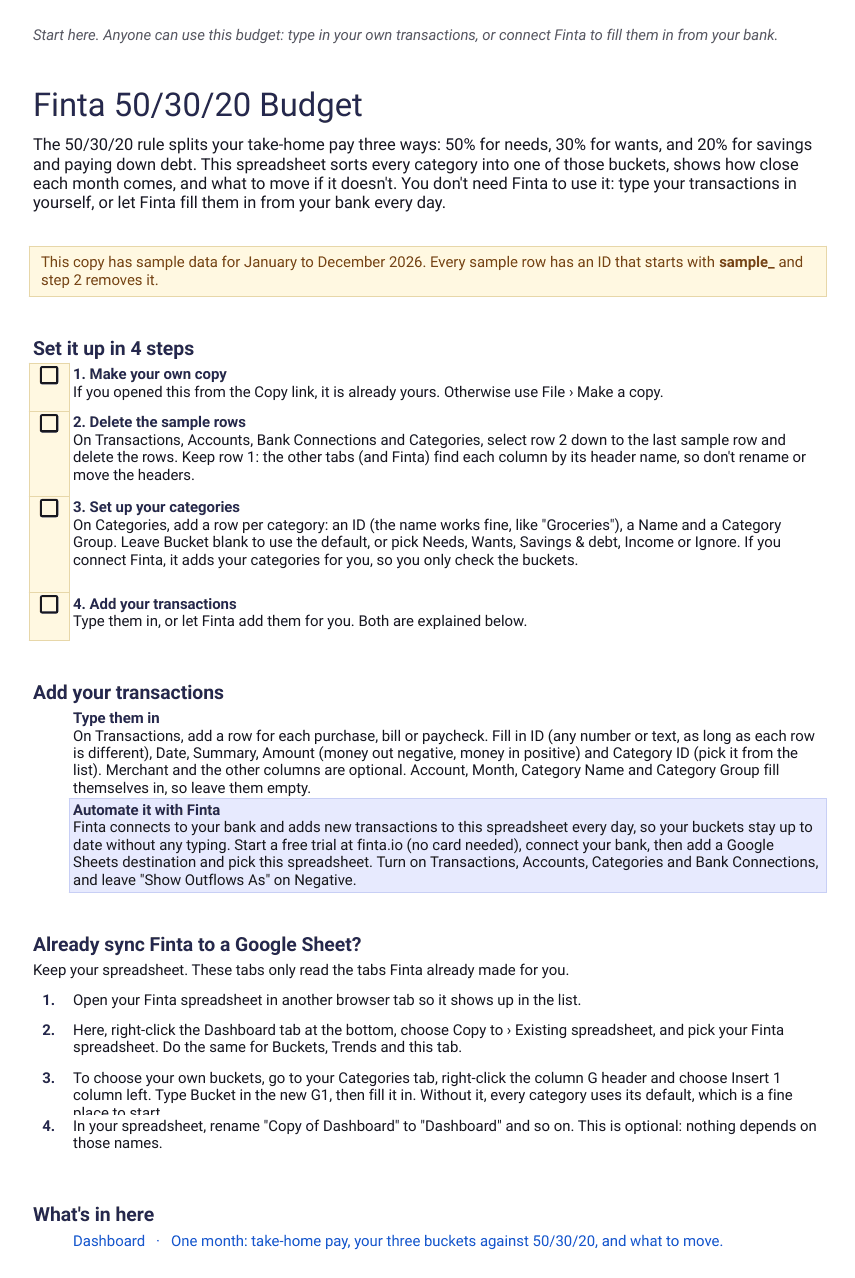 Finta 50/30/20 Budget template, Start Here tab: what the 50/30/20 rule is, four setup steps, and how to add the tabs to a spreadsheet Finta already syncs to