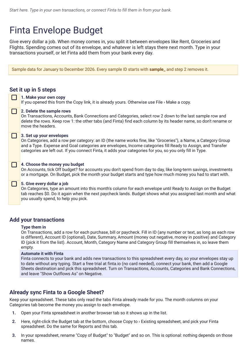 Finta Envelope Budget template, Start Here tab: five setup steps, two ways to add transactions and how to add the tabs to a spreadsheet Finta already syncs to