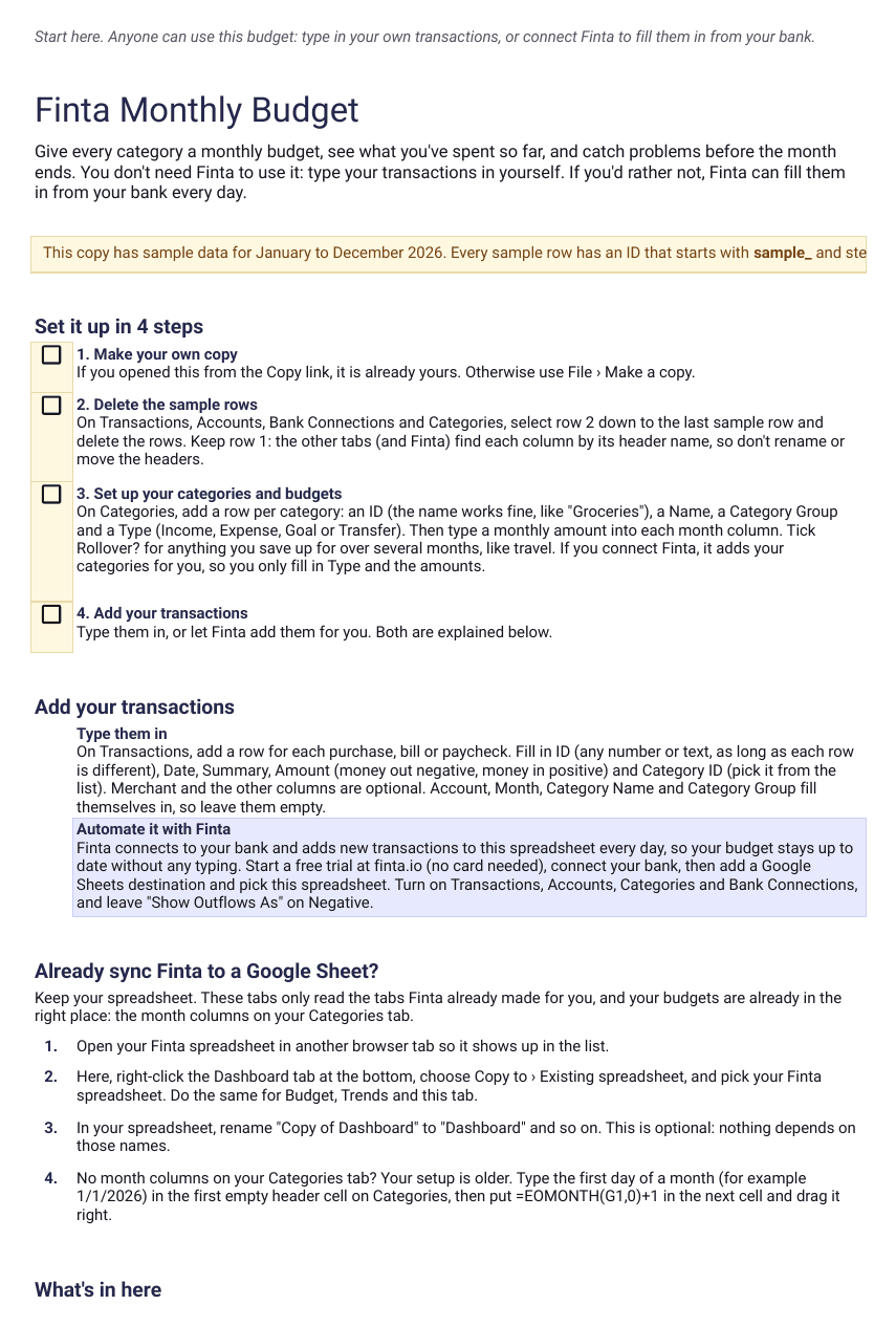 Finta Monthly Budget template, Start Here tab: four setup steps, typing in transactions or connecting Finta, and steps for existing Finta spreadsheets