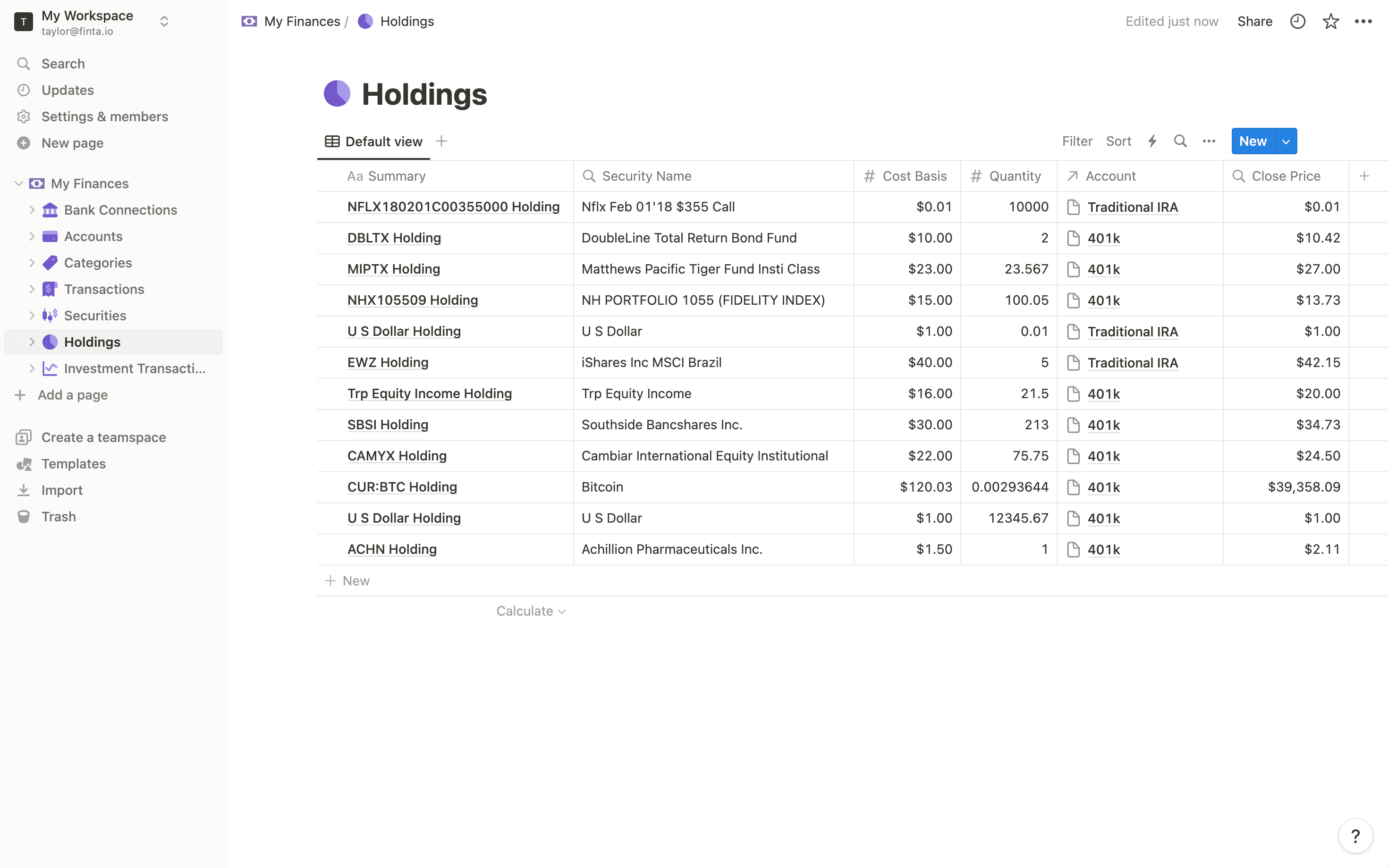 Investment holdings tracked in Notion