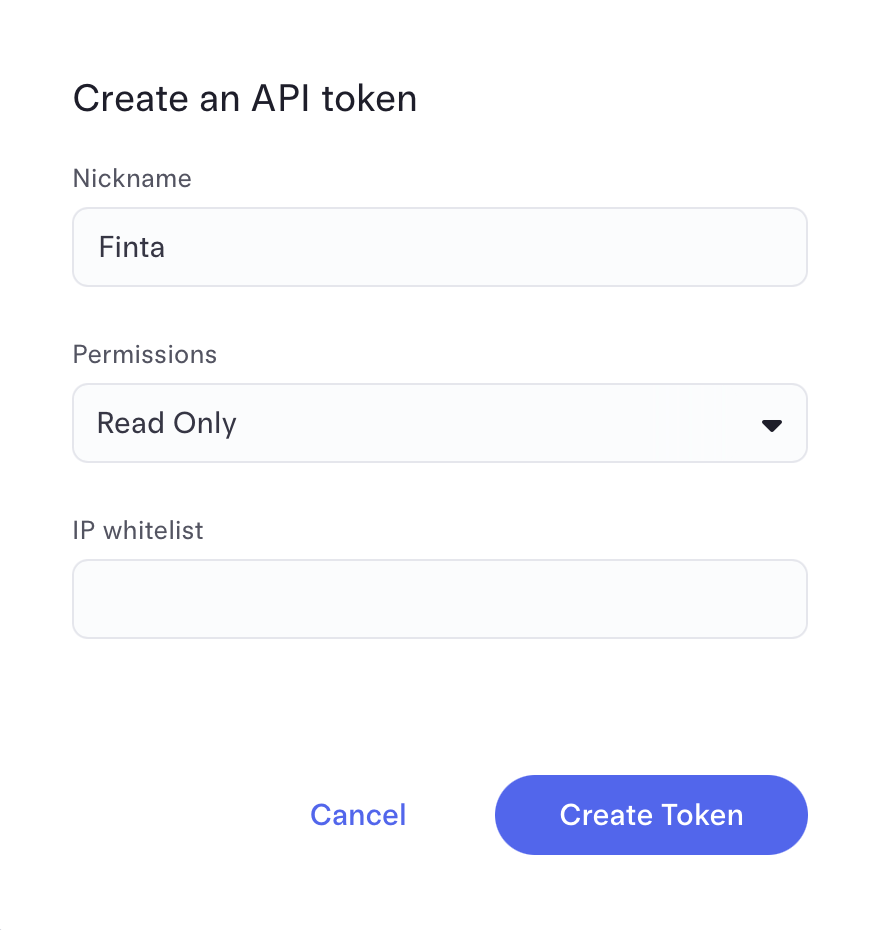 The Mercury connection form in Finta, with a field for the API token
